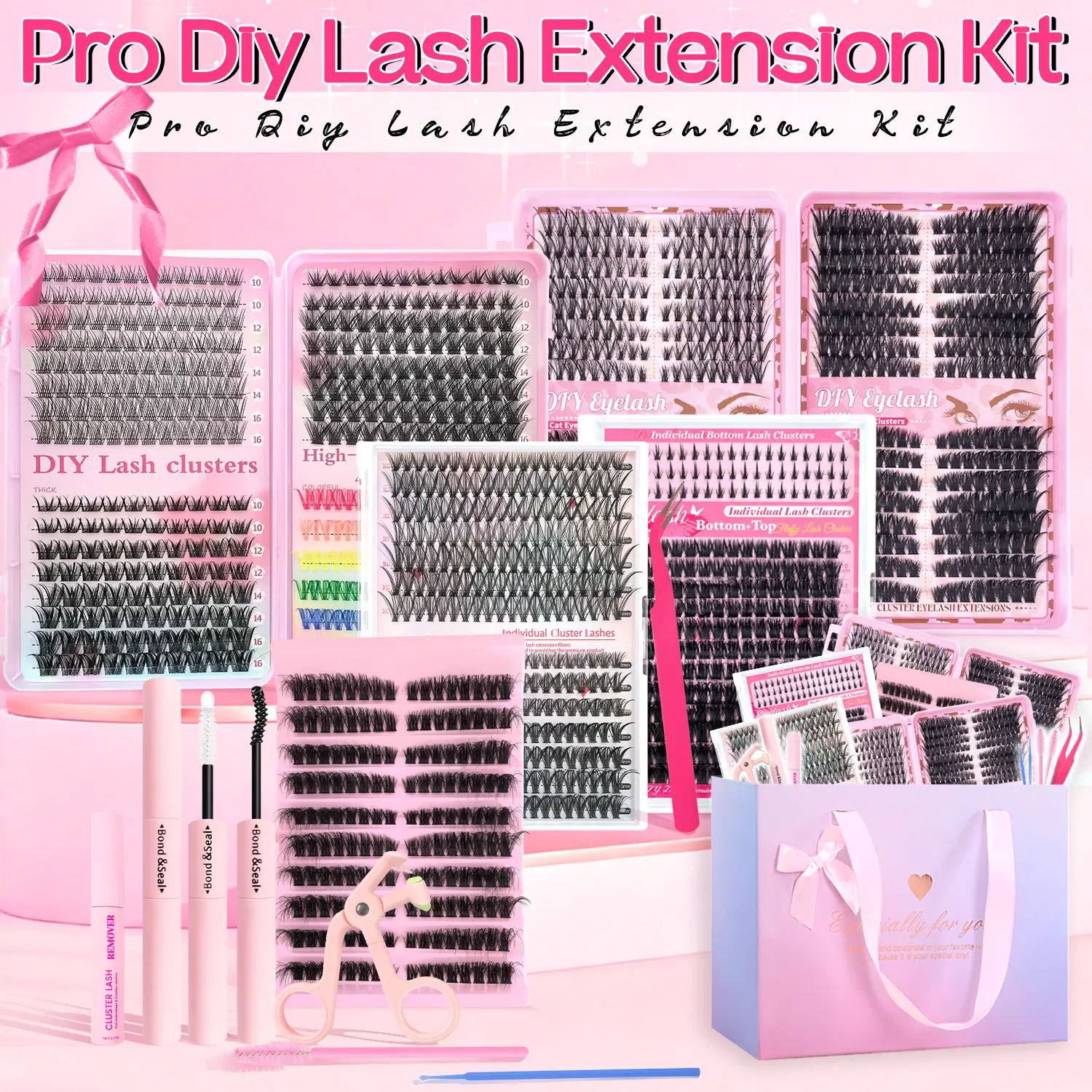 Lash Extensions Gift Set, DIY Eyelash Extensions Includes Natural to Thick Styles, Diy Dramatic Lashes, Color lash Clusters, Curl Cluster Lashes Kit, Volume False Eyelashes, Voluminous False Eyelashes, Cosmetic Accessories Gift Set
