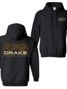 Men's Drake Waterfowl Camo Hoodie, Fashion Fall Streetwear, Unisex Outdoor Hunting Pattern Pullover, Comfortable Fleece Hooded Sweatshirt