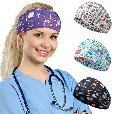 Women's 4-Pack Wide Stretchy Elastic Polyester Button Wrap Headbands - Floral Embellished, Non-Slip, Unisex All-Fit, Nurse Headband Accessory for Ear Relief, Gifting