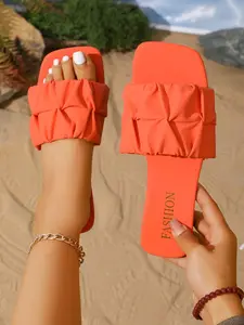 Women's Summer 2026 New Fashion One-Step Square Toe Flat Sandals, Classic Ruched Design, Bohemian Style, Retro Versatile Shoes, Flip Flop Sandals