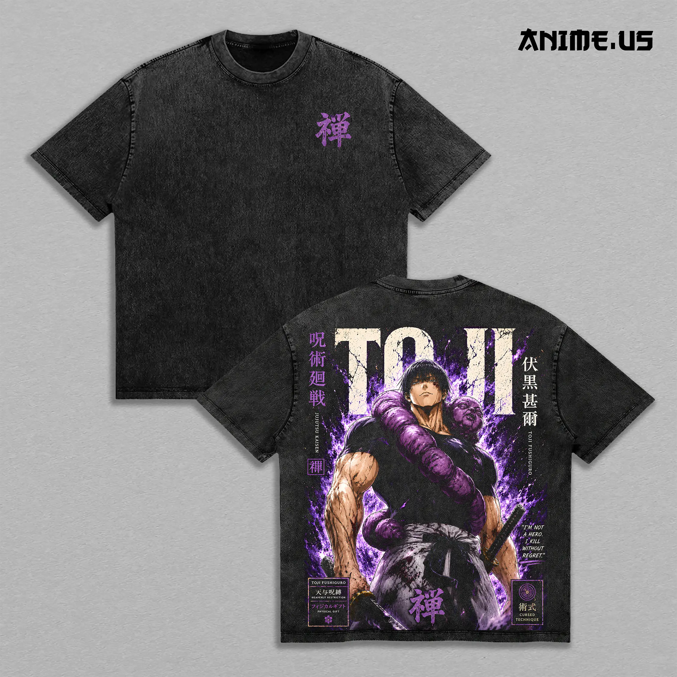 Toji Fushiguro Jujutsu Kaisen Vintage Washed Heavyweight Cotton T-Shirt, Heavenly Restriction Anime Graphic Tee, Double Sided Oversized Streetwear Shirt, Sorcerer Killer Manga Unisex Fan Gift