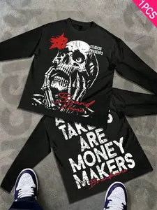 Men's Long Sleeve Skull Print T-Shirt, Basic Slim-Fit Casual Top, Fashionable Streetwear Tee for All Seasons, Perfect Gift Idea