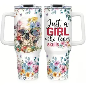 HACOOL SHOP1pc Skeleton Ghost Tumbler With Handle Lid And Straw, Gift For Skull Lover Mug, Travel Coffee Mug Halloween Decoration Horror Gift 40oz Double Wall Vacuum Insulated Cup Gift For Women Girl Drinkware Beverage Flasks Stainless Steel