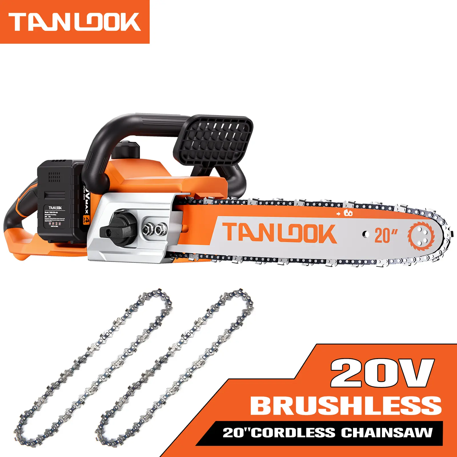 Tanlook 20-Inch Brushless Cordless Chainsaw, 4Ah Li-Ion Battery Powered Electric Saw with 2 Rechargeable Batteries & Fast Charger, Efficient Wood Cutting Tool for Tree Felling & Garden Tasks