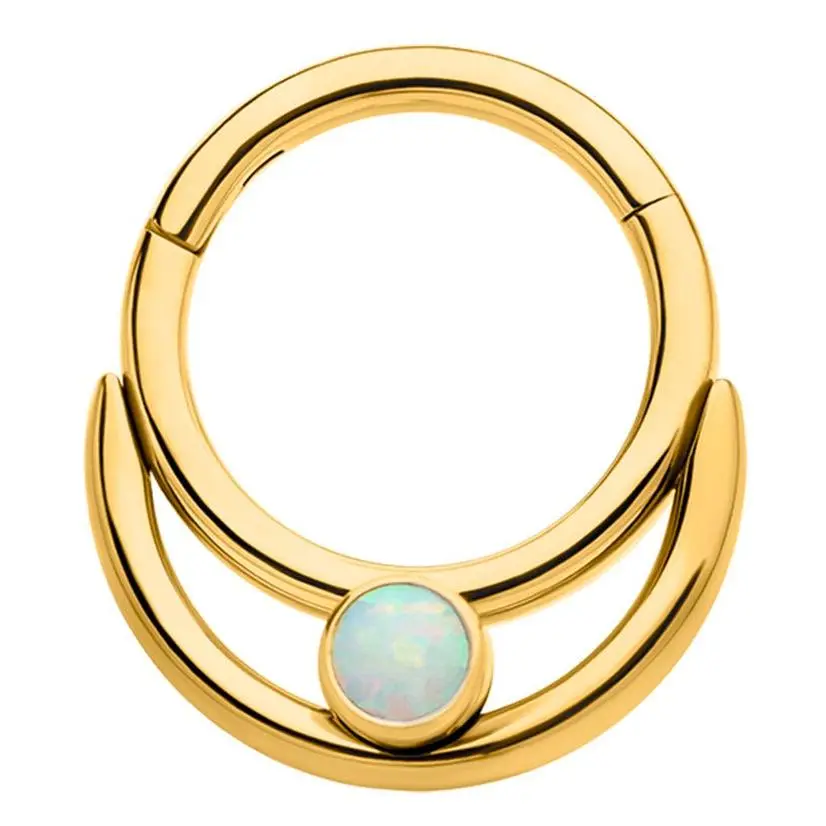 Gold PVD Double Hoop Bezel White Opalite Stainless Steel Hinged Segment Ring
