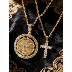 Cross Pendant Necklace & Virgin Mary Pendant Rope Chain, Rhinestone Decor Layered Necklace, Fashion Jewelry Accessories for Women & Men, Cross Necklaces