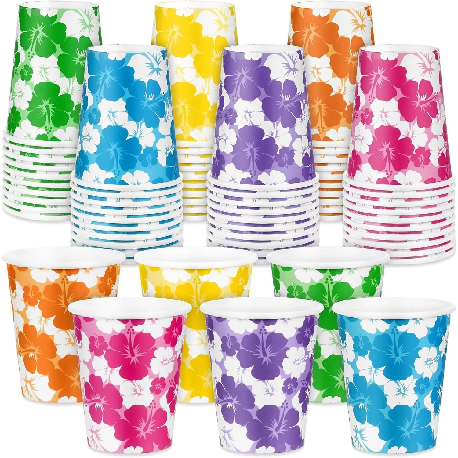60 Pack Hawaii Hibiscus Disposable Drinking Cups Tropical Luau 9 Oz Tiki Summer Party Supplies Drinkware Hawaii Aloha Cups Party Decorations Pool Beach Supplies, 6 Colors