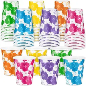 60 Pack Hawaii Hibiscus Disposable Drinking Cups Tropical Luau 9 Oz Tiki Summer Party Supplies Drinkware Hawaii Aloha Cups Party Decorations Pool Beach Supplies, 6 Colors