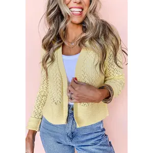 Yellow Pointelle Knit Open Front Cardigan