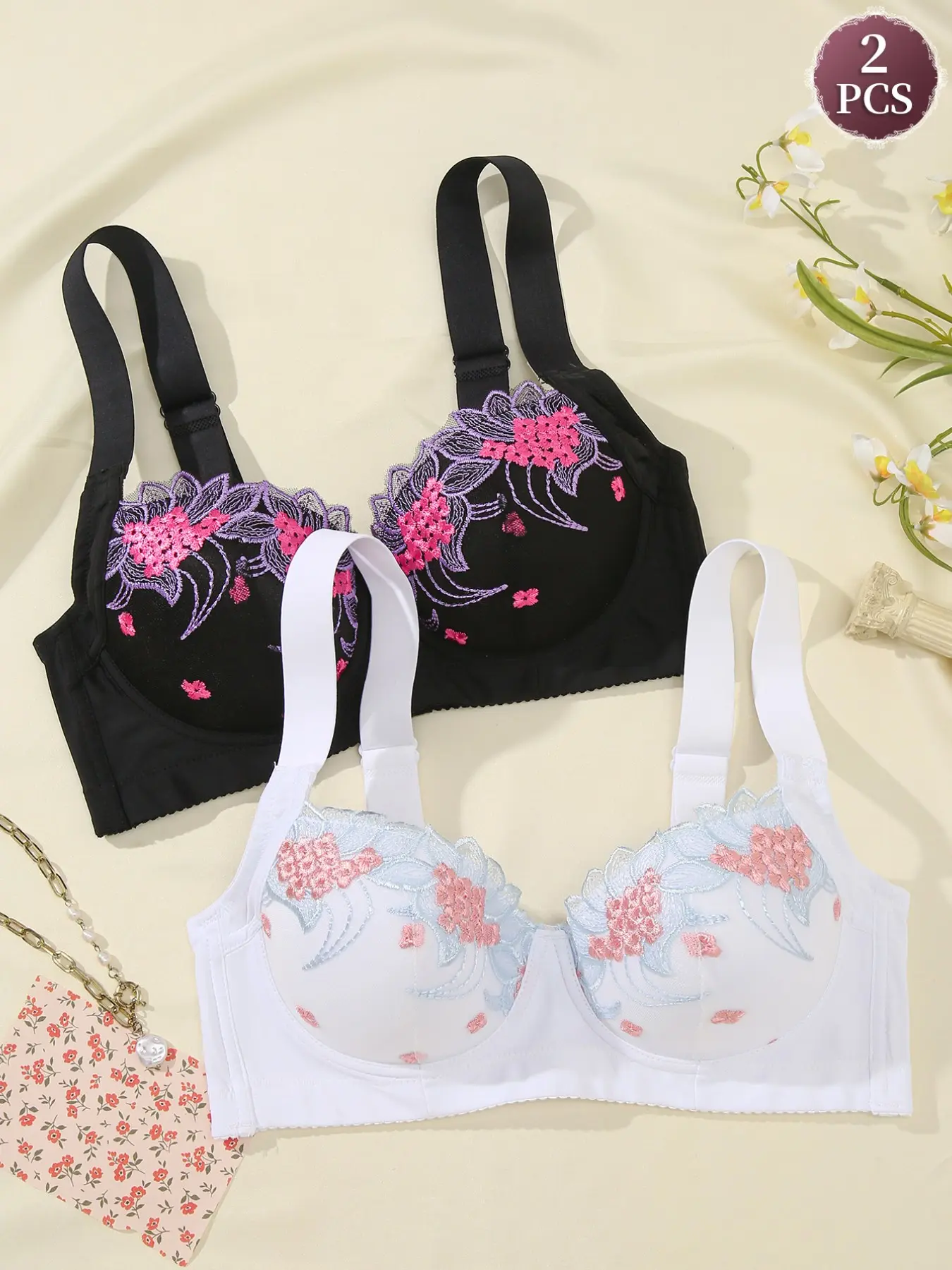 2PCS Women's Floral Embroidered Push-Up Bras, Lifted Anti-Sagging Cover Side Breasts Comfortable Elegant Minimizer Bra Wide Adjustable Straps Soft,Daily Wear Underwear