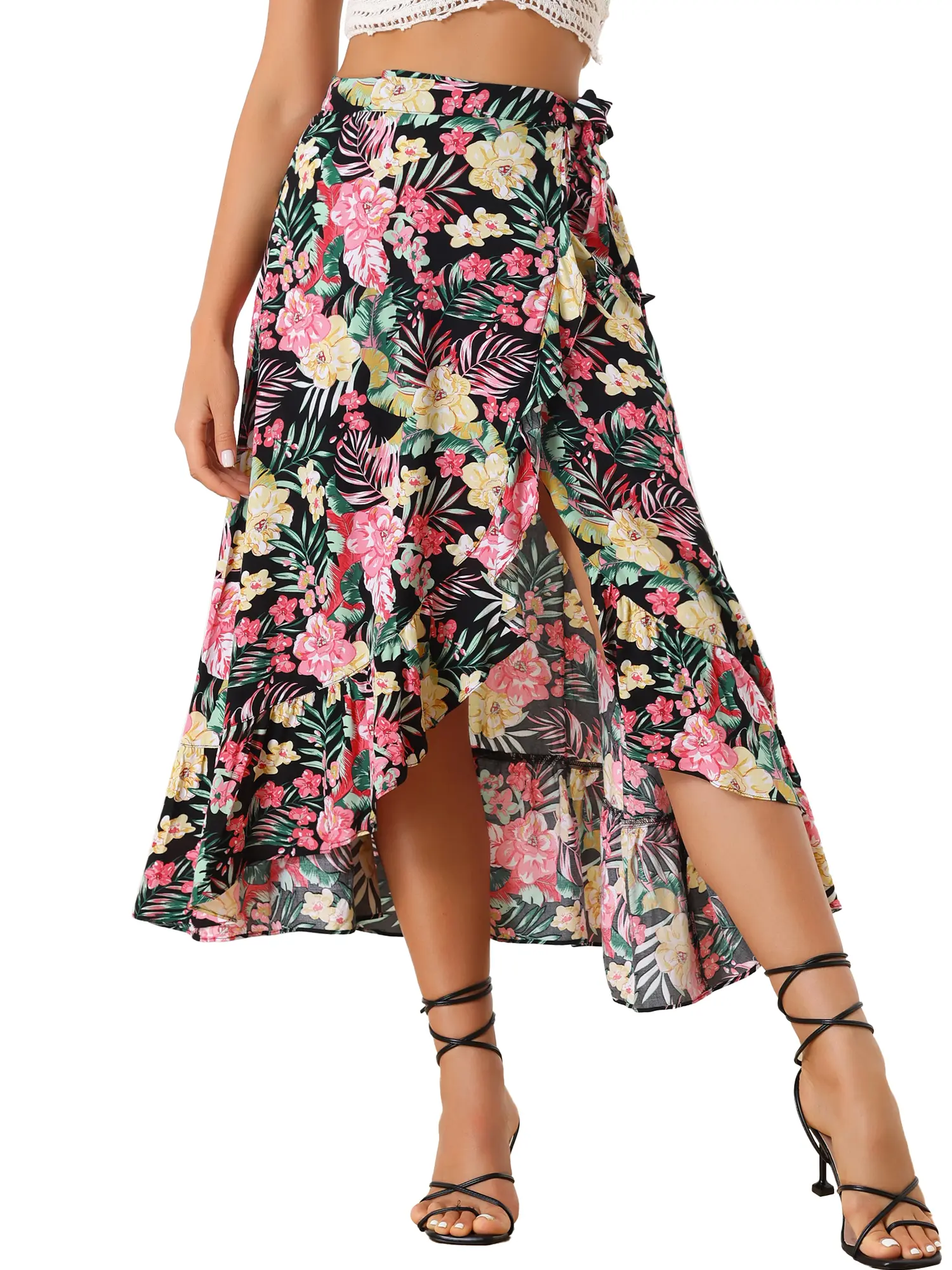 INSPIRE CHIC Tropical Floral Print Ruffle Self Tie Knot Split Beach Wrap Skirt