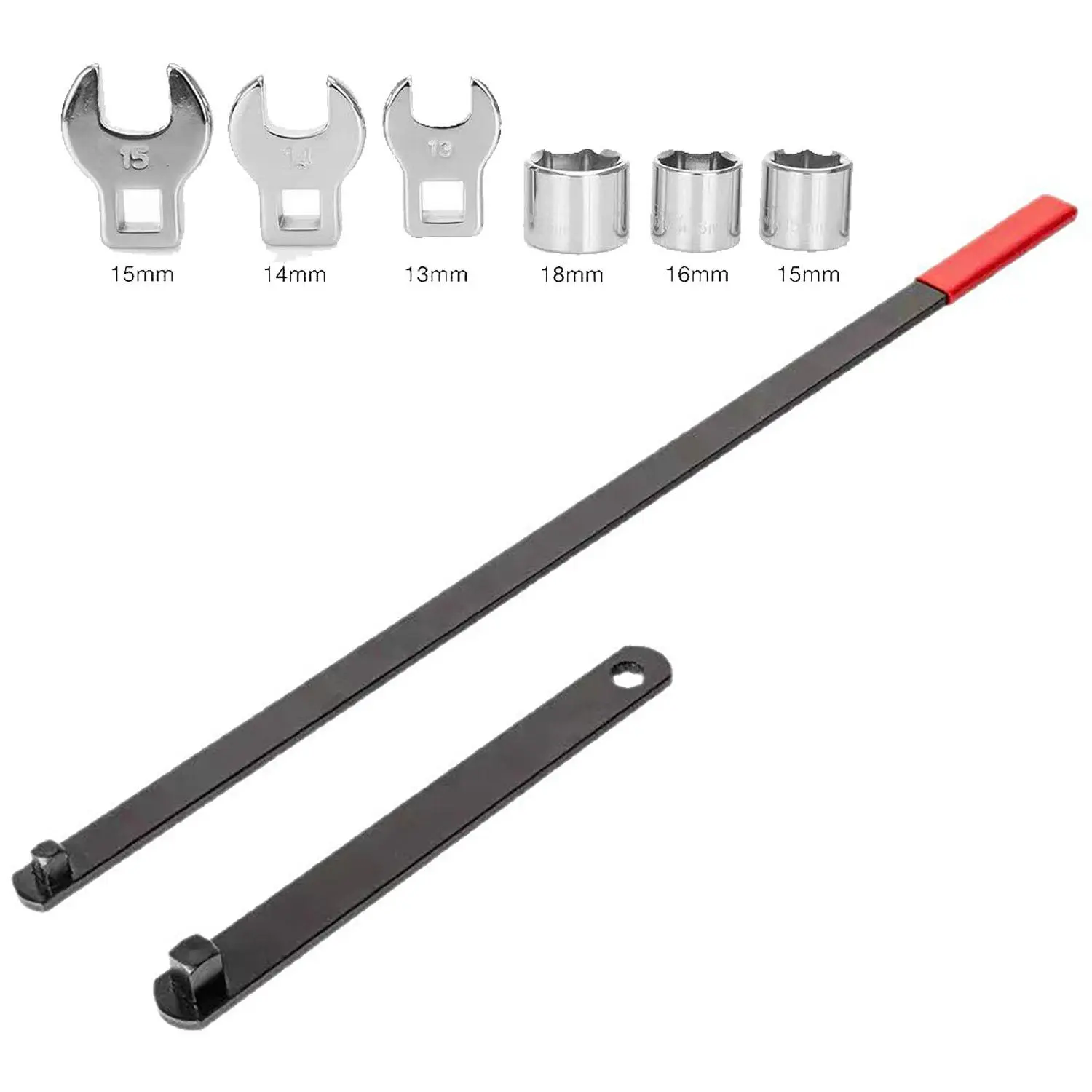 8-Piece Long Handle Serpentine Belt Repair Car Tool Kit - Automotive Precision Tools with 15 mm Crowfoot Wrenches, 18 mm 6-Point Sockets, 23 in. Handle for Mechanics’ Spring-Loaded Idler Pulleys Tension Relief, Multi-Size