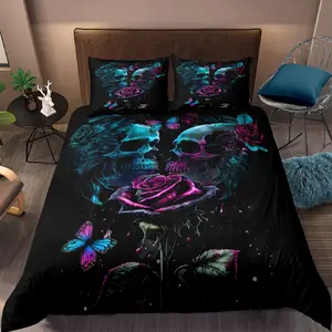 Halloween Skull & Rose Print Bedding Set, Includes Duvet Cover & Pillowcases, Soft Comfortable Decor for Kids & Adults Bedroom