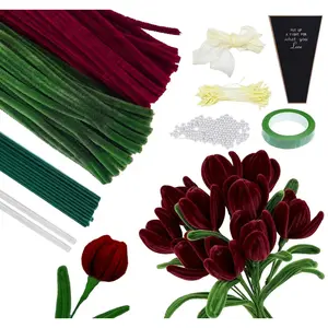 200 count Pipe Cleaner Flower kit, Red Pipe Cleaners with Chenille Stems, Christmas Bouquet Craft Supplies for DIY Art Projects Creative  Party Festive  Indoor Decorations