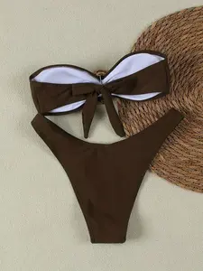 Luxury Brown Bandeau Bikini With Textured Gold Ring Accent, High Waisted Cheeky Bottom 2 Piece Bathing Suit