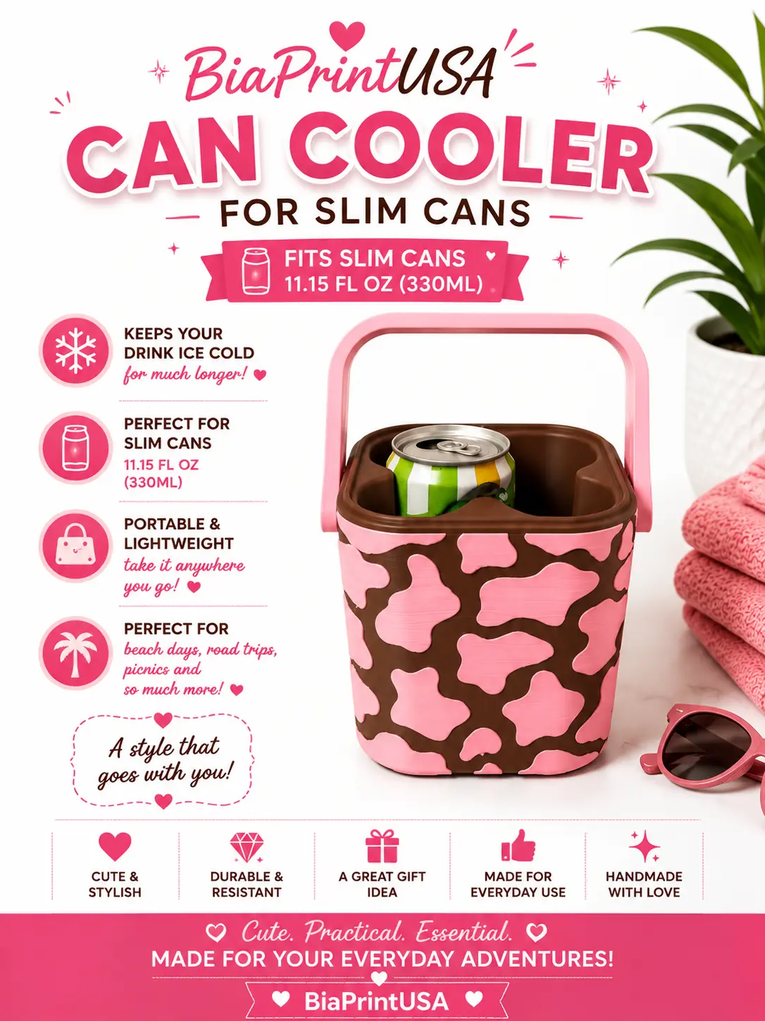 Pink Cow Print Slim Can Cooler – 11.15 oz (330 ml)