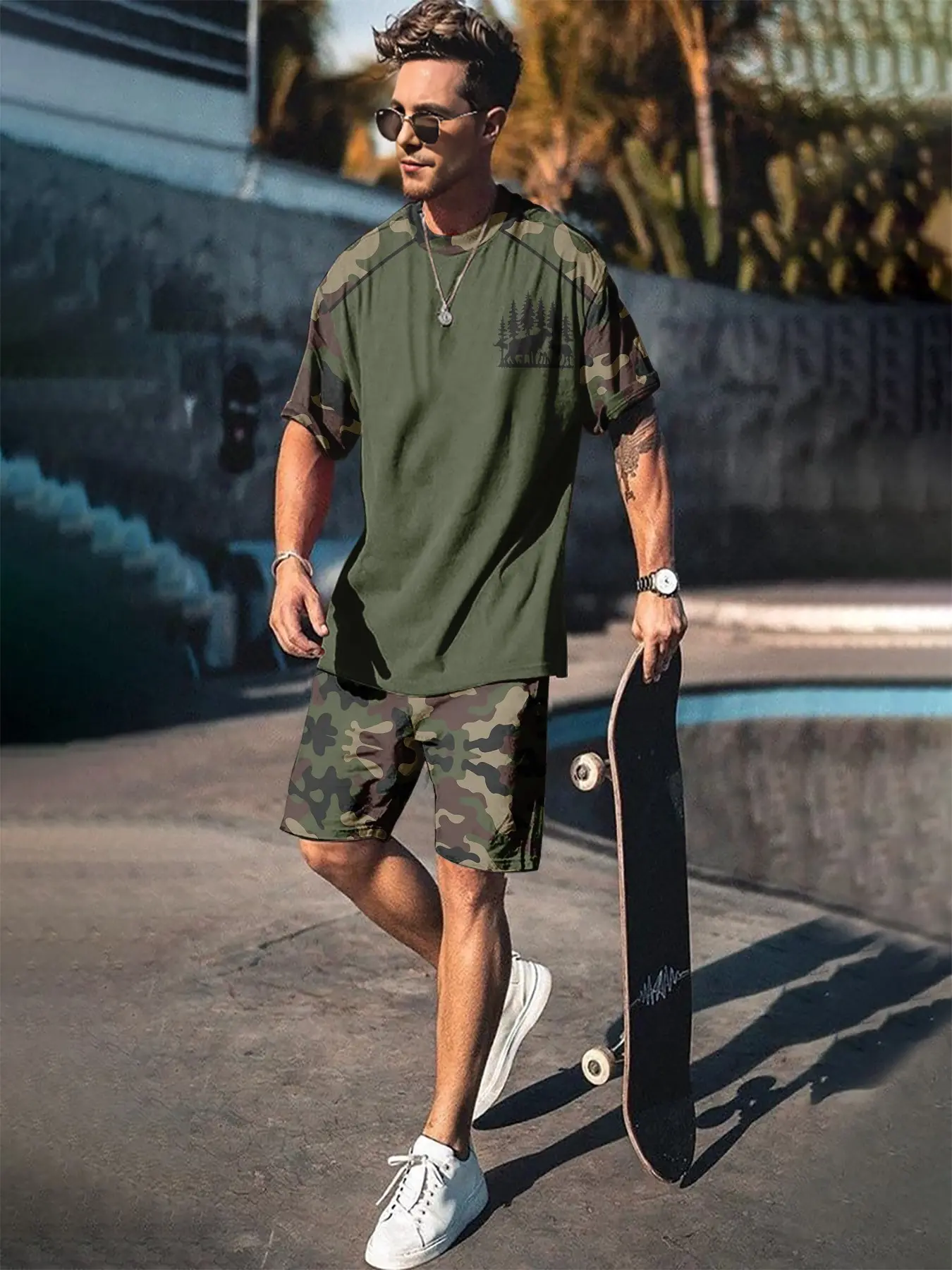 Camouflage Forest Silhouette Workwear 3D Digital Printed Two-piece Set, 2Pcs, Trendy Fashion Outfit Set, Trendy Retro Casual Two-piece Suit, Vacation-style Trendy Wear, Breathable Sports Casual Style, Perfect Holiday Gift for Men
