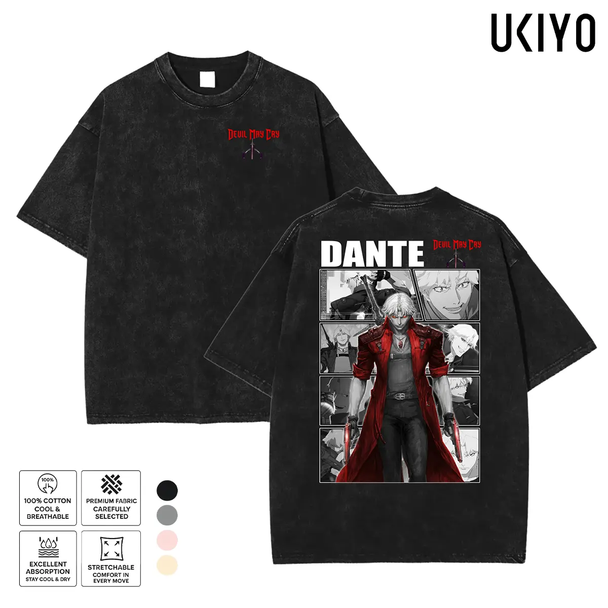 Devil May Cry Dante T-Shirt Anime Manga Collage Vintage Acid Wash Heavyweight Cotton Oversized Tee Son of Sparda Capcom Gaming Merch Streetwear Top