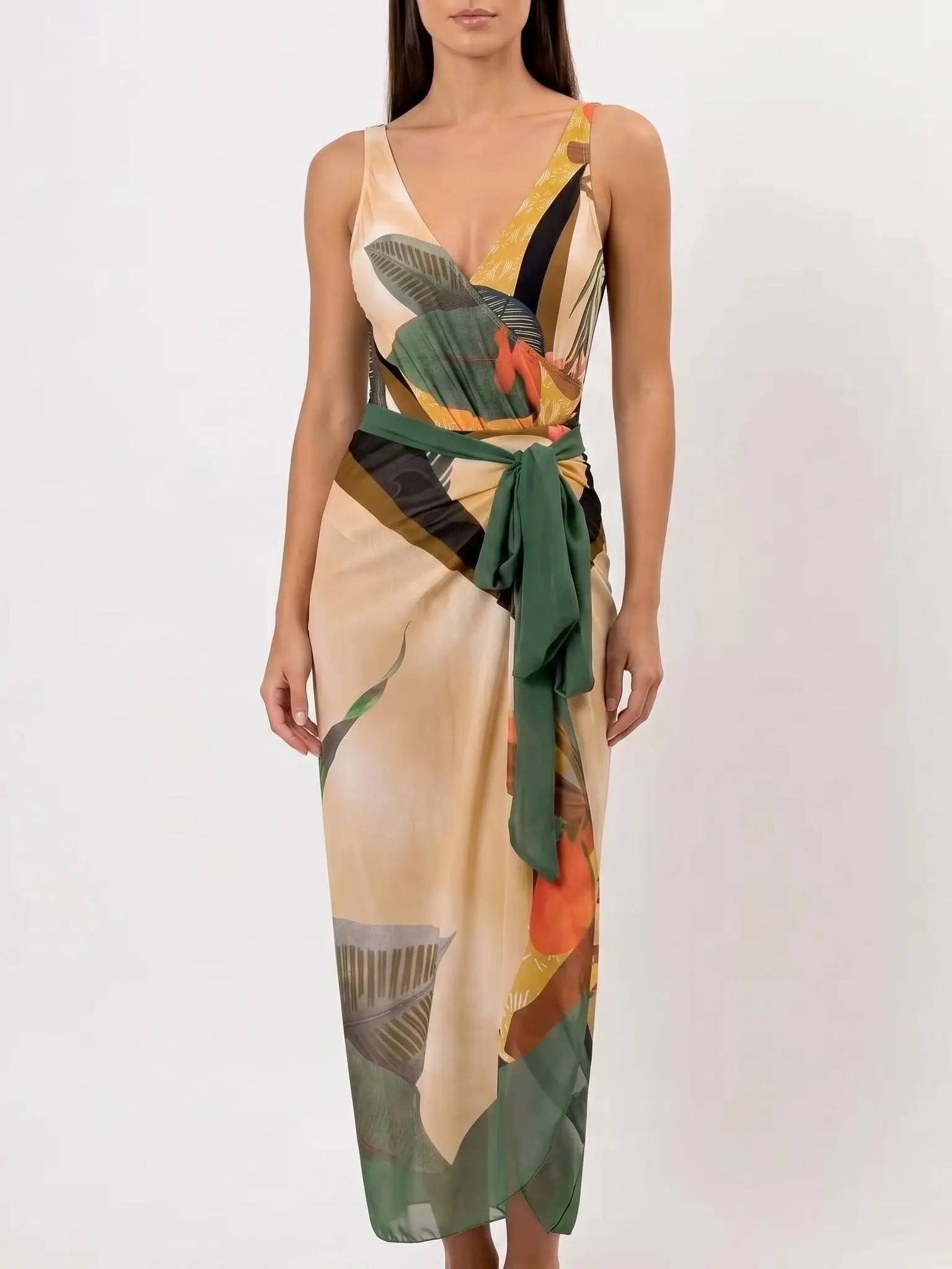 Women's Ruched Backless Tropical Print Wrap Swimsuit & Tie Front Skirt Set, Boho Sleeveless Swimwear Set for Beach Holiday Vacation, Summer Outfits 2026, Summer Swimsuits, Swimsuit Beachwear, Ladies Summer Clothes, National Day Offers # beach swim attire