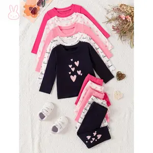 MCV-10-Piece Polyester Knit Girls' Apparel Set - Comfortable Pullover Outfit with Spandex, Elasticity Fit, Cute Heart & Alphabet Print Long Sleeve Tops and Pants for Toddlers, Outdoor