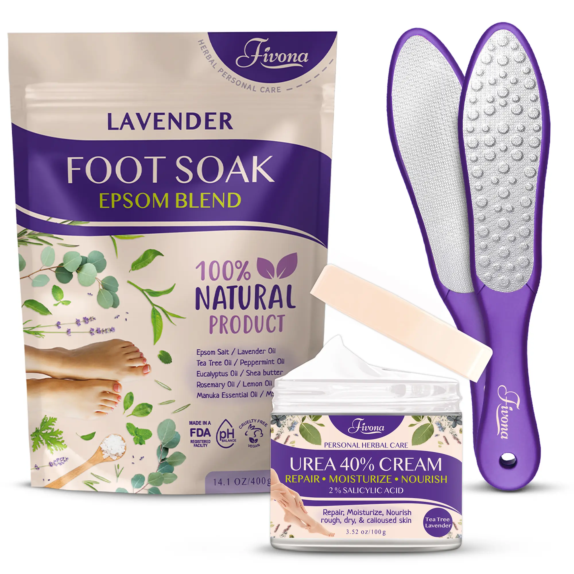 Fivona Foot Care Kit 3 in 1 - Soak Blend with Epsom Salt, Lavender and Essential Oils - 40% Urea Cream - Dual Foot File - Complete Pedicure Set for Home Foot Pampering