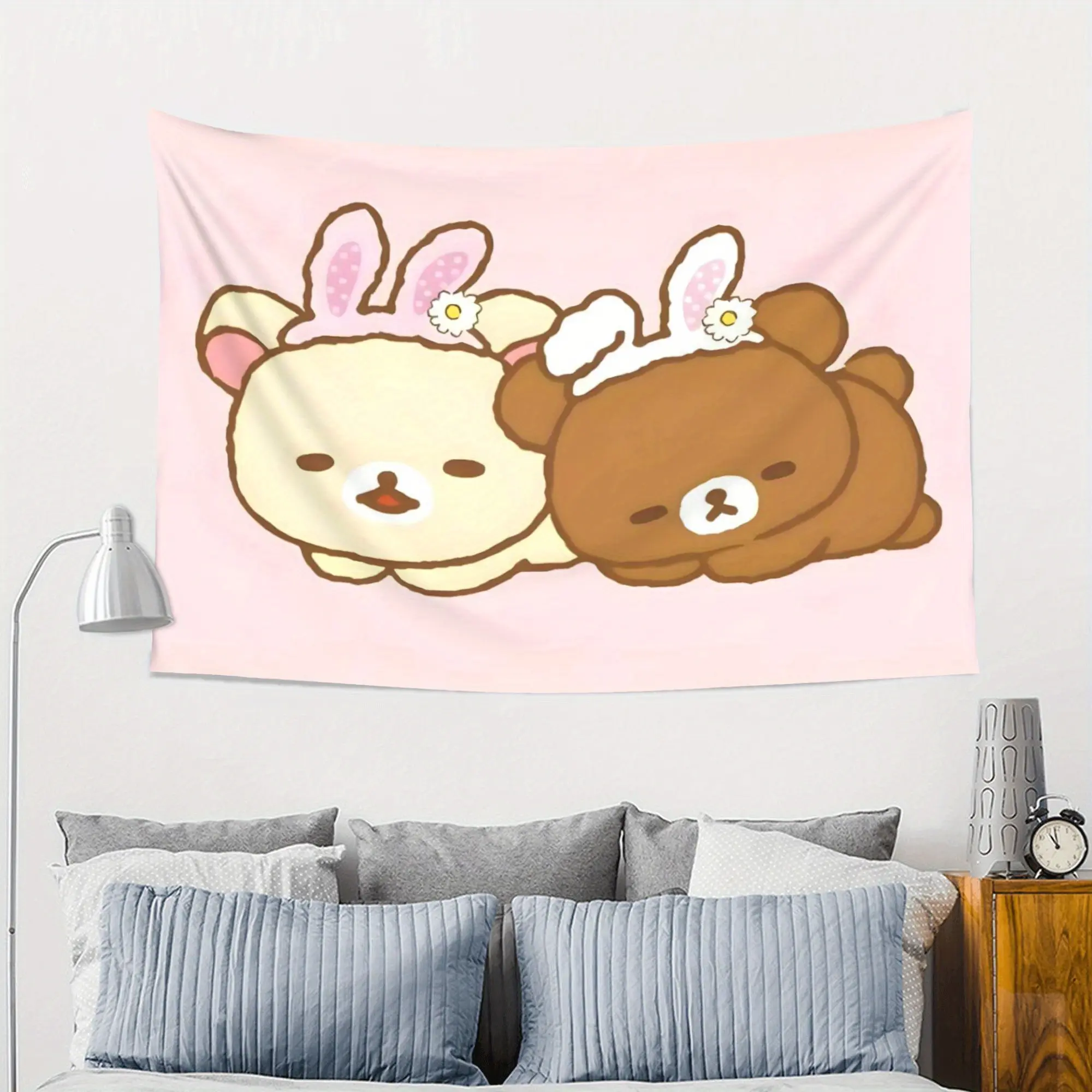 Rilakkuma Large Lightweight Minimalist Wall Hanging Tapestry - Cute Cartoon Character with Pink Bunny Ears, White Tails, Peach Light Beige Fabric, Horizontal Orientation for Room, Cafe Decor, Backdrop, No Electricity Needed, Playful Decoration Gift