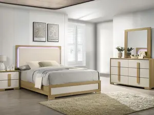 Hyland B780-4PC 4 pc Natural & White Finish Wood Queen Bedroom Set Mid-Century Modern LED Lighting Minimal Storage with Nightstand Dresser & Mirror