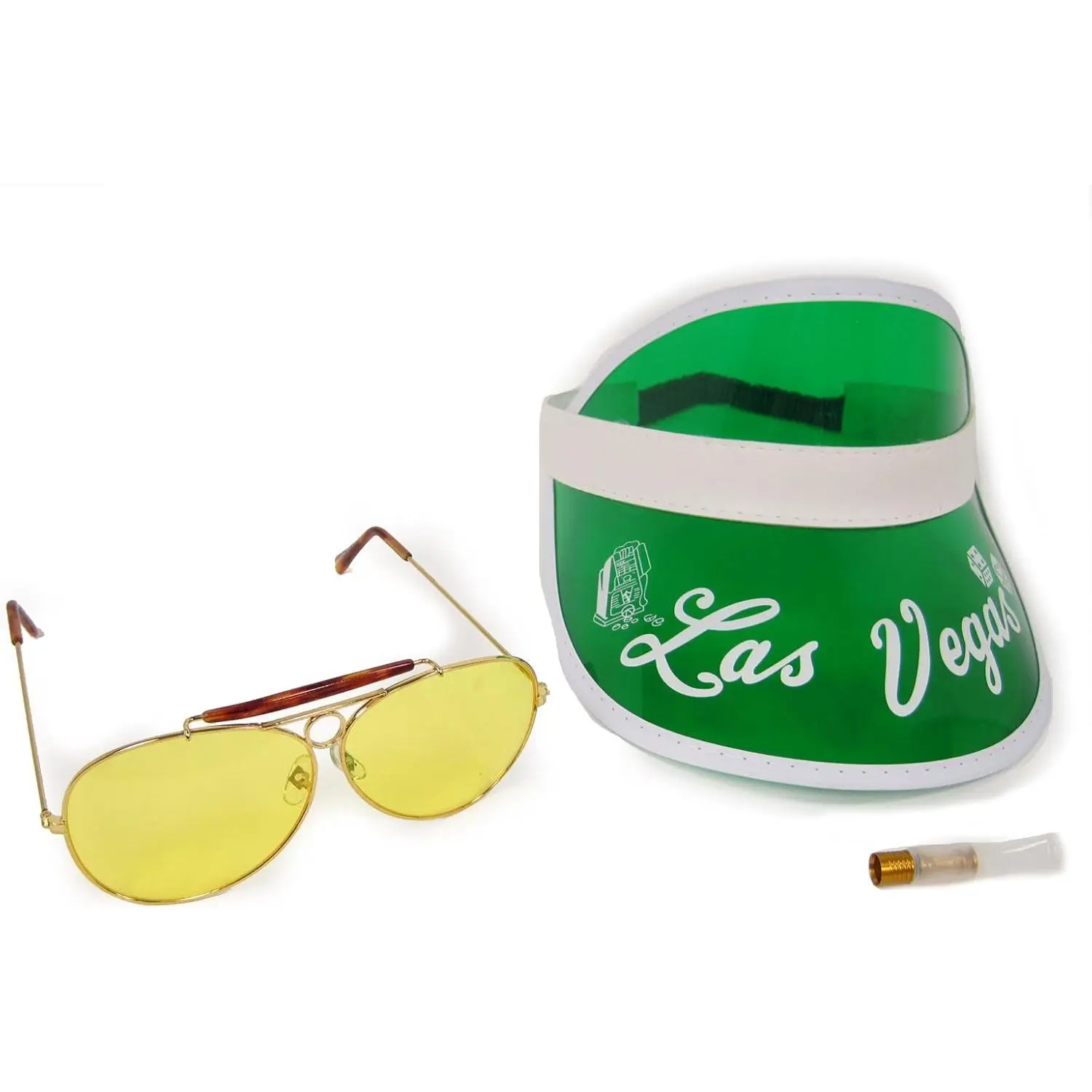 Men's Raoul Duke Movie/TV Halloween Costume Kit - Green Las Vegas Visor, Metal-Plastic Frame Aviator Sunglasses, Cigarette Holder, Headpiece for Driving to Las Vegas
