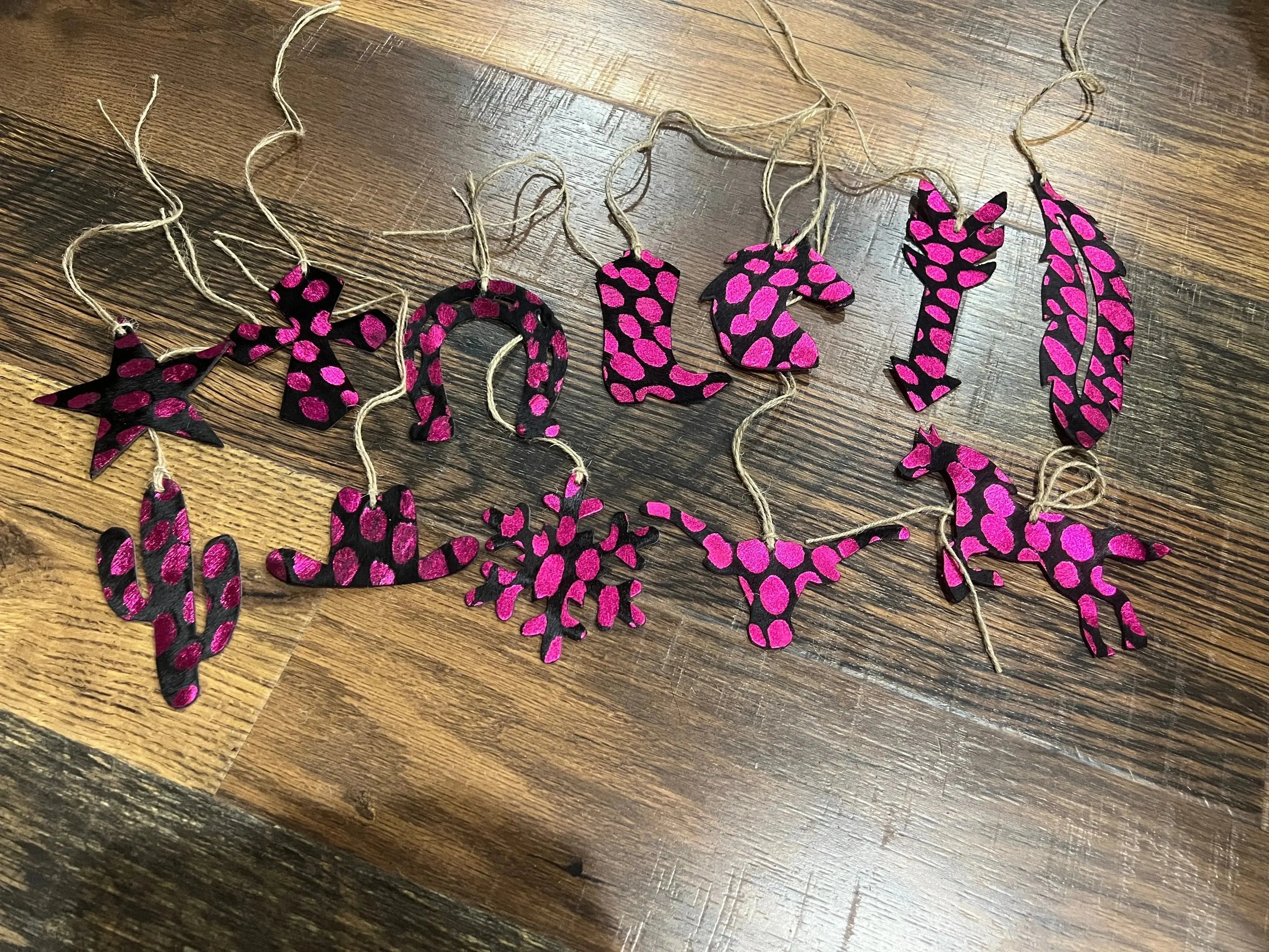 PINK SPOTTED Leather Cowhide Christmas Ornament - Sold Individually