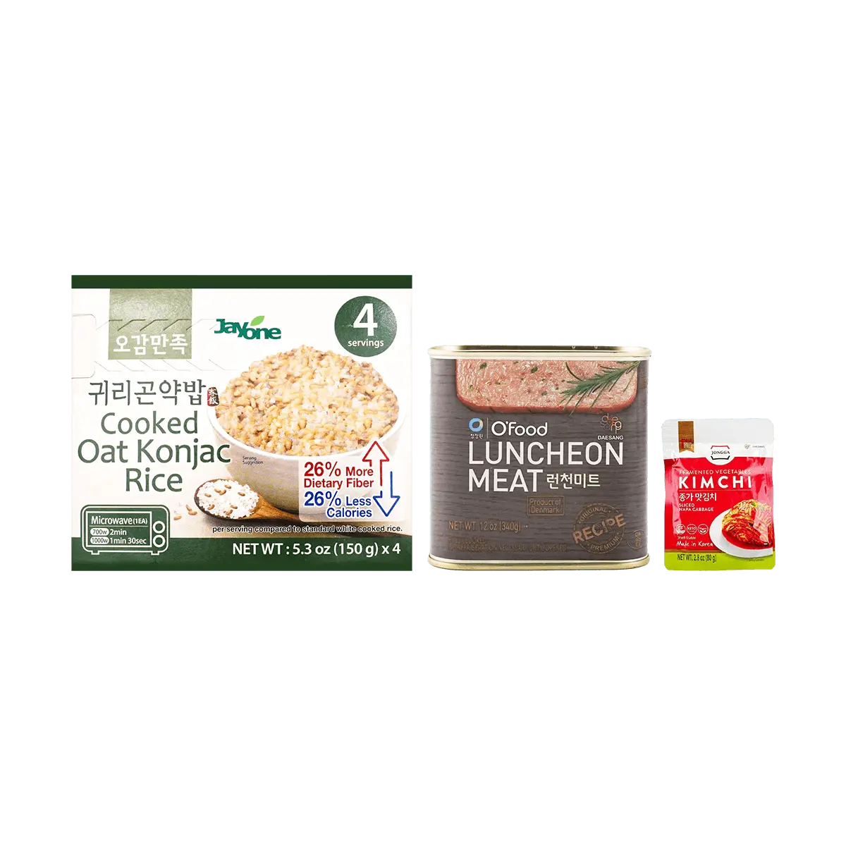 O'Food Korean Lunch Box Kit: Chung Jung One Ham Spam, JAYONE Oat Konjac Rice, Jongga Kimchi - Value Pack