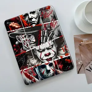 Horror Movie Character Collage Design iPad Case, Transparent Acrylic Stand Cover, Pencil Holder & Charger Slot, Fits iPad Pro/air/mini, Perfect Gift Shock-resistant Full Cover Protective Case Suitable for Offices Schools and Homes, Tablet Cover