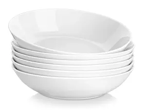Pasta Bowls, Porcelain Salad Serving Bowls Set of 6, 30oz Large Deep Soup Plates, White