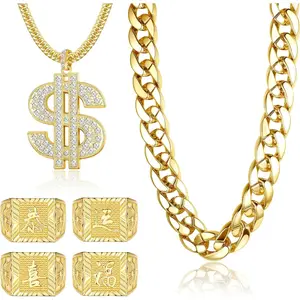 80s 90s Accessories Outfit for Men Women Hip Hop Costumes Outfit Fake Gold Chains Dollar Sign Necklaces and Kanji Blessing Lucky Rings Set 80s 90s Party