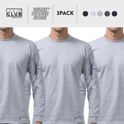 3 Pack PROCLUB Men's Heavyweight Long Sleeve T Shirts PRO CLUB Plain Crew Neck T Shirt Casual Cotton Tee Basic Big and Tall Hip Hop Harem