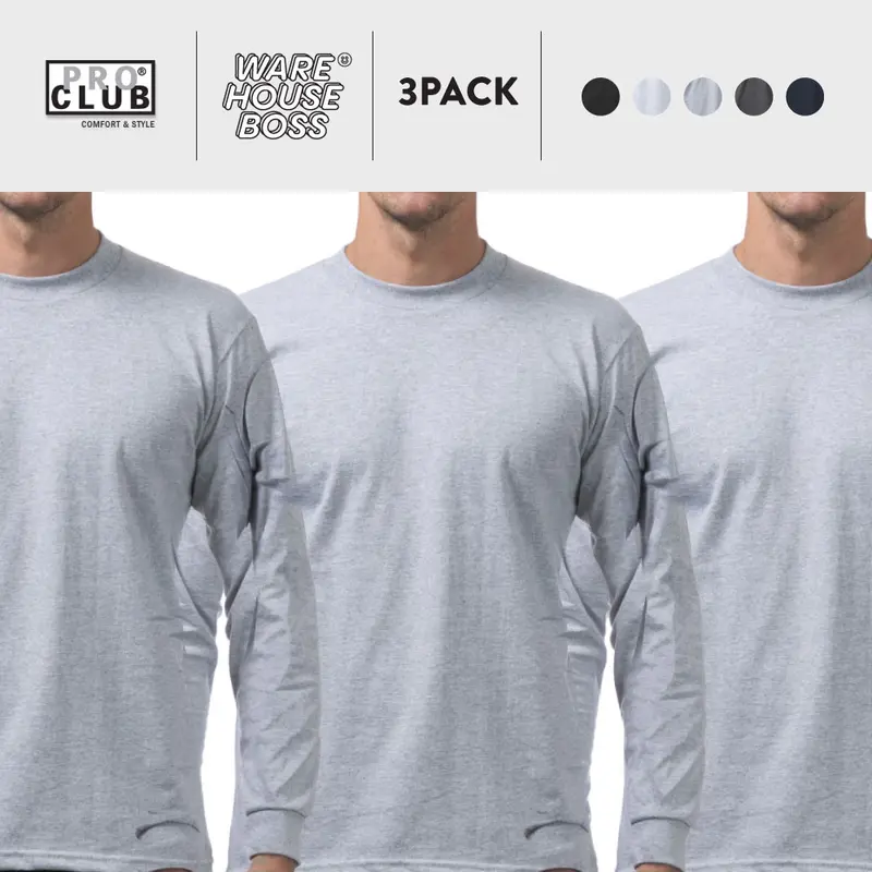 3 Pack PROCLUB Men's Heavyweight Long Sleeve T Shirts PRO CLUB Plain Crew Neck T Shirt Casual Cotton Tee Basic Big and Tall Hip Hop Harem