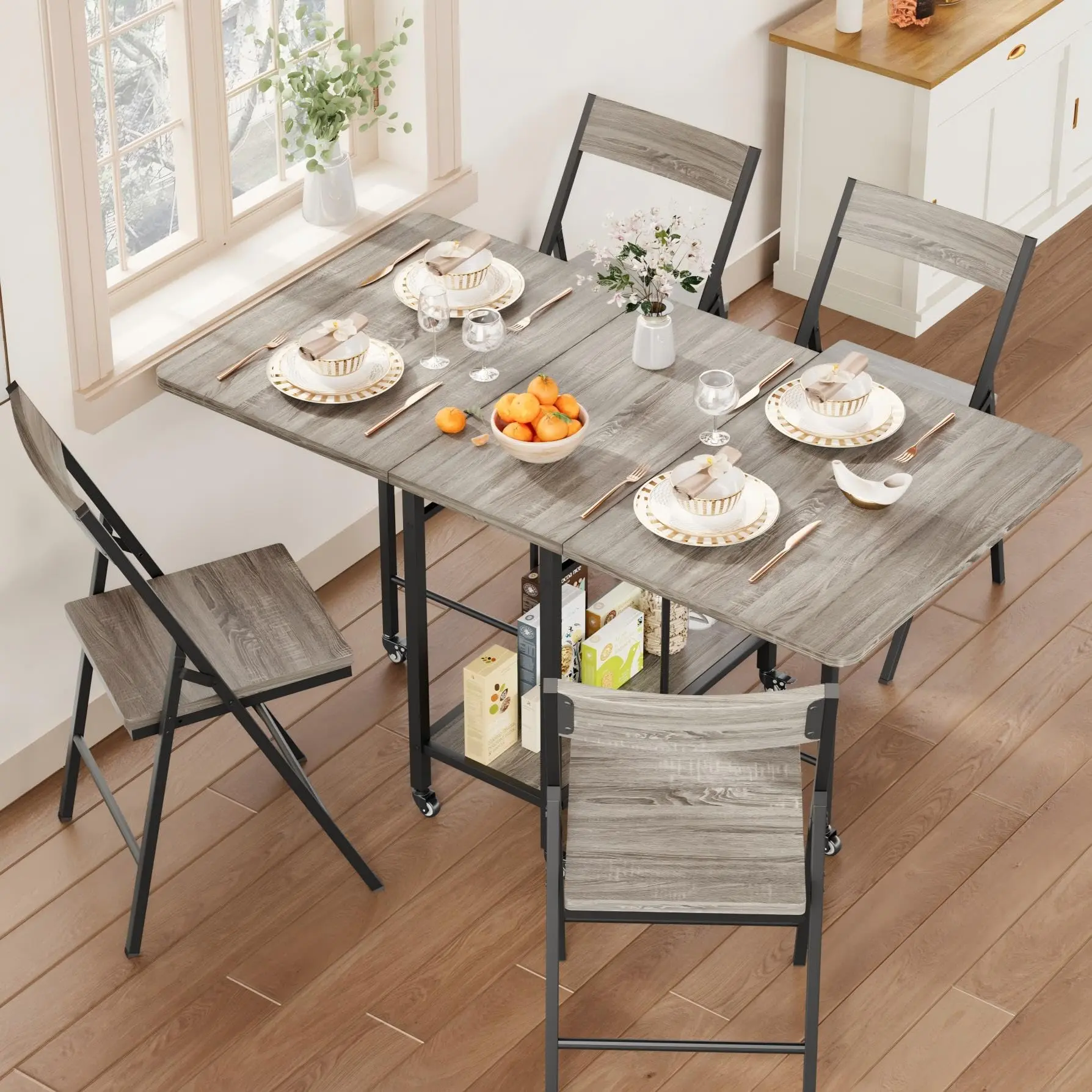 Gaomon 4-Piece Foldable Rectangle Dining Table Set with Swivel Wheels, Space-Saver Table & 4 Foldable Chairs, Grey Outdoor Furniture for Small Spaces & Apartments