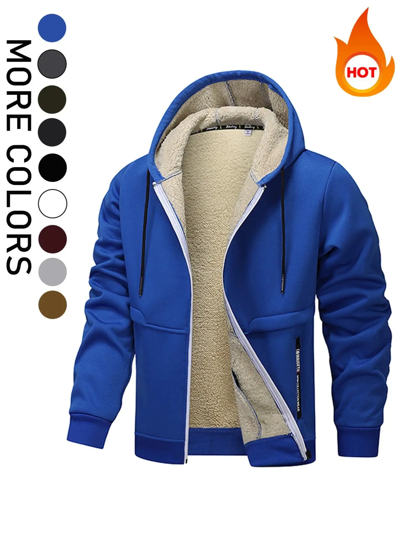 Men's Letter Print Drawstring Zip Up Hooded Pocket Jacket, Regular Fit Casual Long Sleeve Pocket Thermal Lined Outerwear for Fall & Winter, Men's Clot