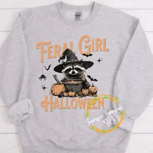 Feral Girl Halloween Racoon Witch Crewneck Women's Sweatshirt Casual Wear  Tops Comfort Long Sleeve Womenswear Comfortable Fit
