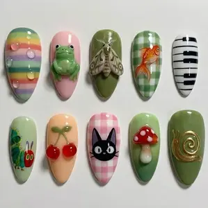 swish.nails Frog Garden Mix Press-On Nails, Hand-Painted Frog Moth Snail & Mushroom Art, Cute Nature Aesthetic, Whimsical Cottagecore Vibes, 3D Handmade Nails for Trendy Looks