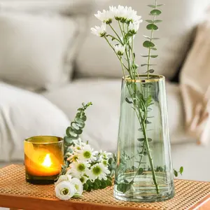 10" Green Glass Vase with Gold Mouth for Centerpieces Home Wedding Decoration