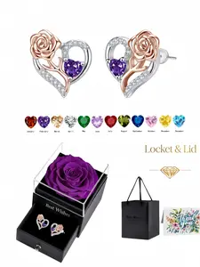 Rose Heartbeat New two-tone rose gold 925 silver stud earrings, luxury full-diamond rose design. Packaged in purple preserved rose gift box. Great gift for birthdays, Mother's Day, Valentine's Day and Christmas.