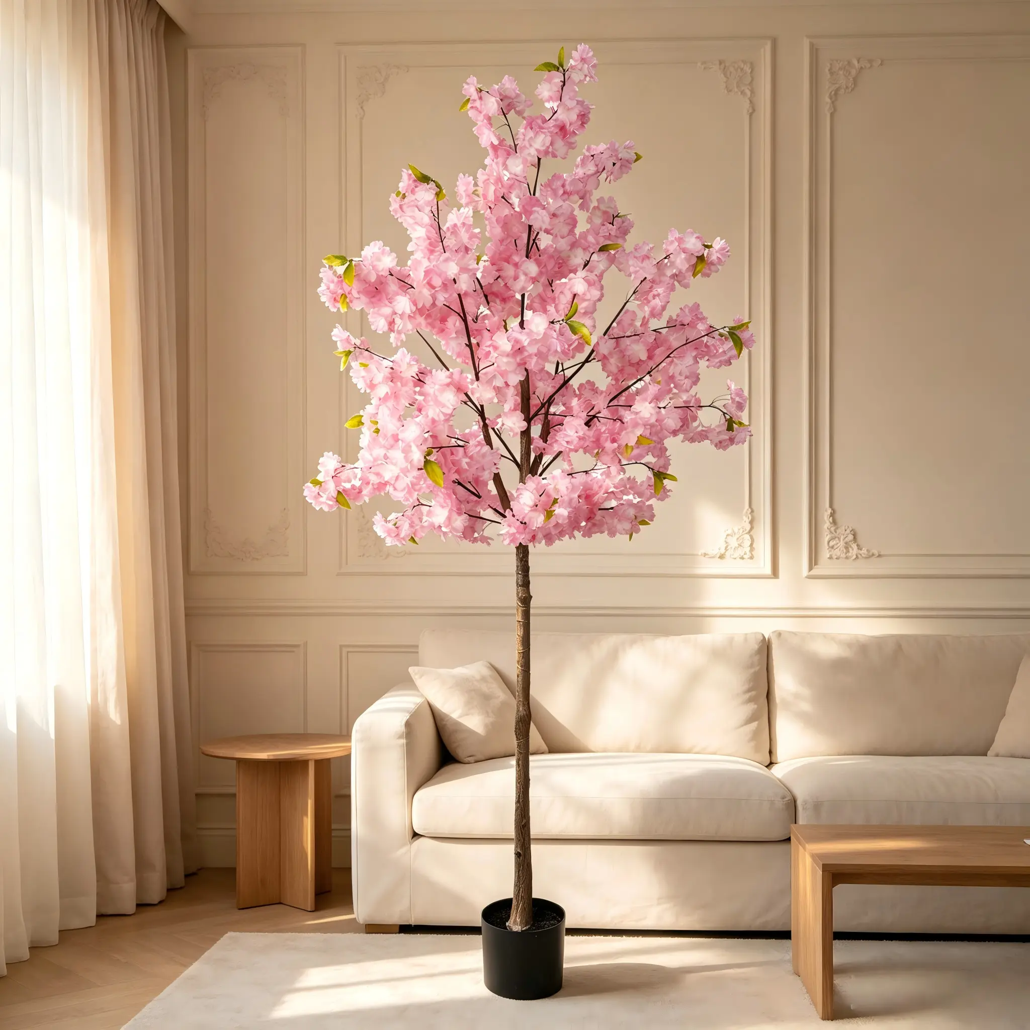 Artificial pink cherry tree 5FT- realistic silk imitation cherry blossom landing plants, no maintenance, pure and durable artificial tree plants, easy to assemble in 2 minutes, solid cement base, suitable for living room, balcony terrace home decoration.