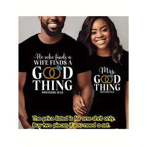 Buy Two Matching Couple T-Shirts - 'He Who Finds a Wife Finds a Good Thing' & 'Mrs. Good Thing' - His & Hers Valentine's Day Casual Round Neck Tees, Black with White Text & Ring Graphics, Perfect for Spring Outfits