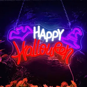 Happy Halloween Neon Sign Bat & Pumpkin Neon Light for Wall decor, Adjustable Brightness 5v USB Powered Light Up Sign for Bedroom Windows Spooky Party Halloween Day Decor