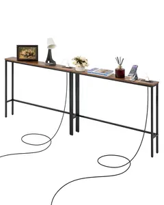 Slim Narrow Console Table Set, 2-Pack Behind Couch Shelves With Power Outlets And USB Charging Station, 1-Tier Long Entryway Shelf, Metal Frame Sofa Table, Ideal For Entryway, Hallway, Living Room, And Home Office Decor