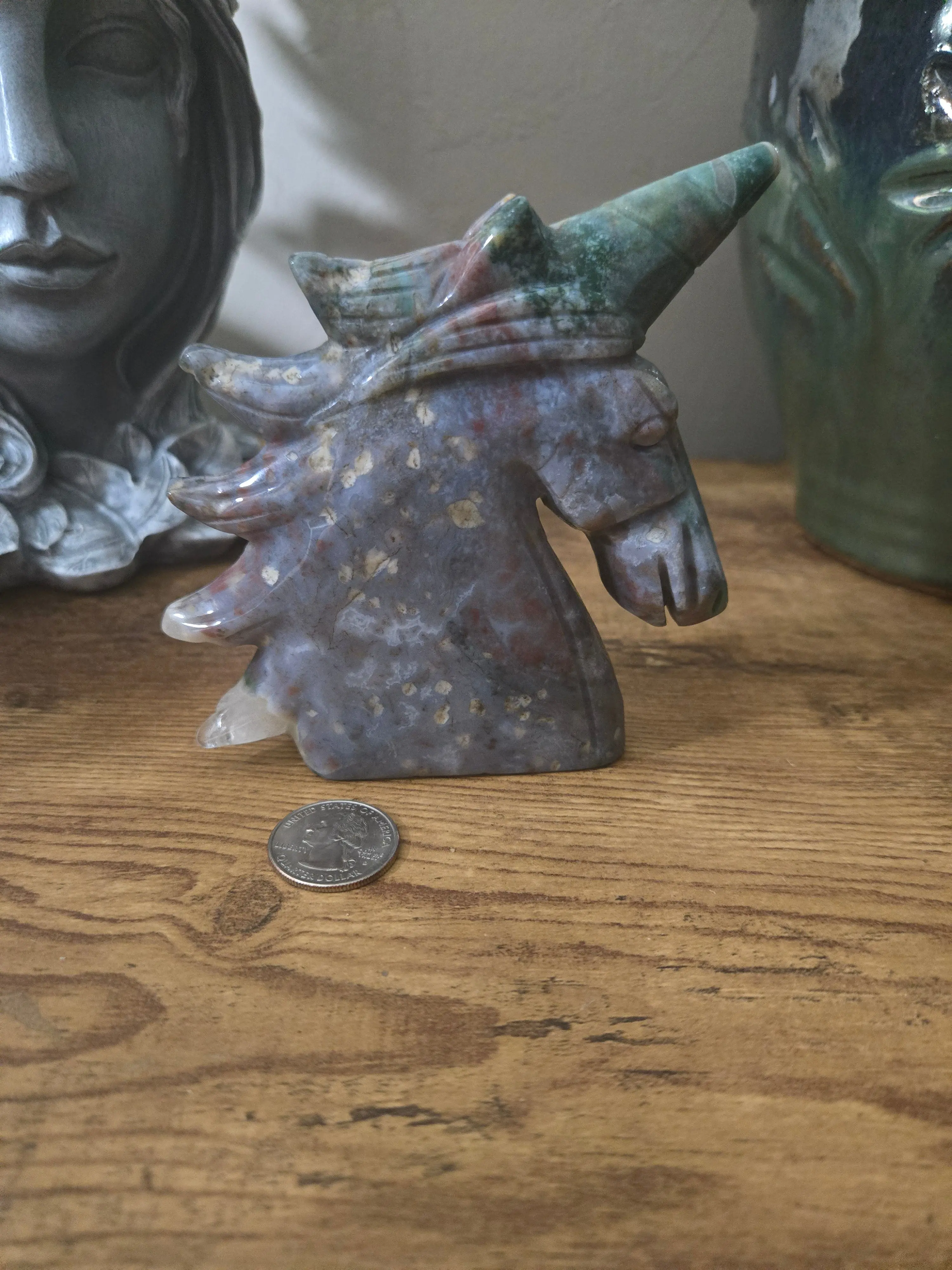 Carved Unicorn Figurine in Ocean Jasper Agate Chalcedony, Crystal with Atlantis Connection for Spiritual Decor, Emotional Nurturing and Managing Change, Natural Stone, Interconnected, Aids In Managing Change, Fosters Self-Responsibility, Hand-Carved, Inte