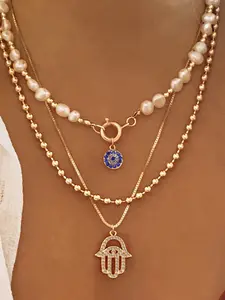 Vintage Devil Eye Blue Diamond Lock Clasp Necklace, Elegant Necklace, Multi-Layer Beaded Chain, Zinc Alloy Metal Wind Palm Design, Casual Style, Fashionable Accessory, All Seasons