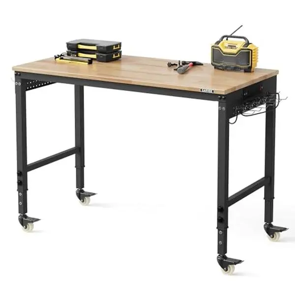 48 x 24 Inch Workbench, 6-Level Adjustable Height, 2000 lb Load Capacity, with Solid Rubberwood Top, ETL Power Outlets, Swivel Casters, Pegboard & Hooks for Garage & Woodworking Shop