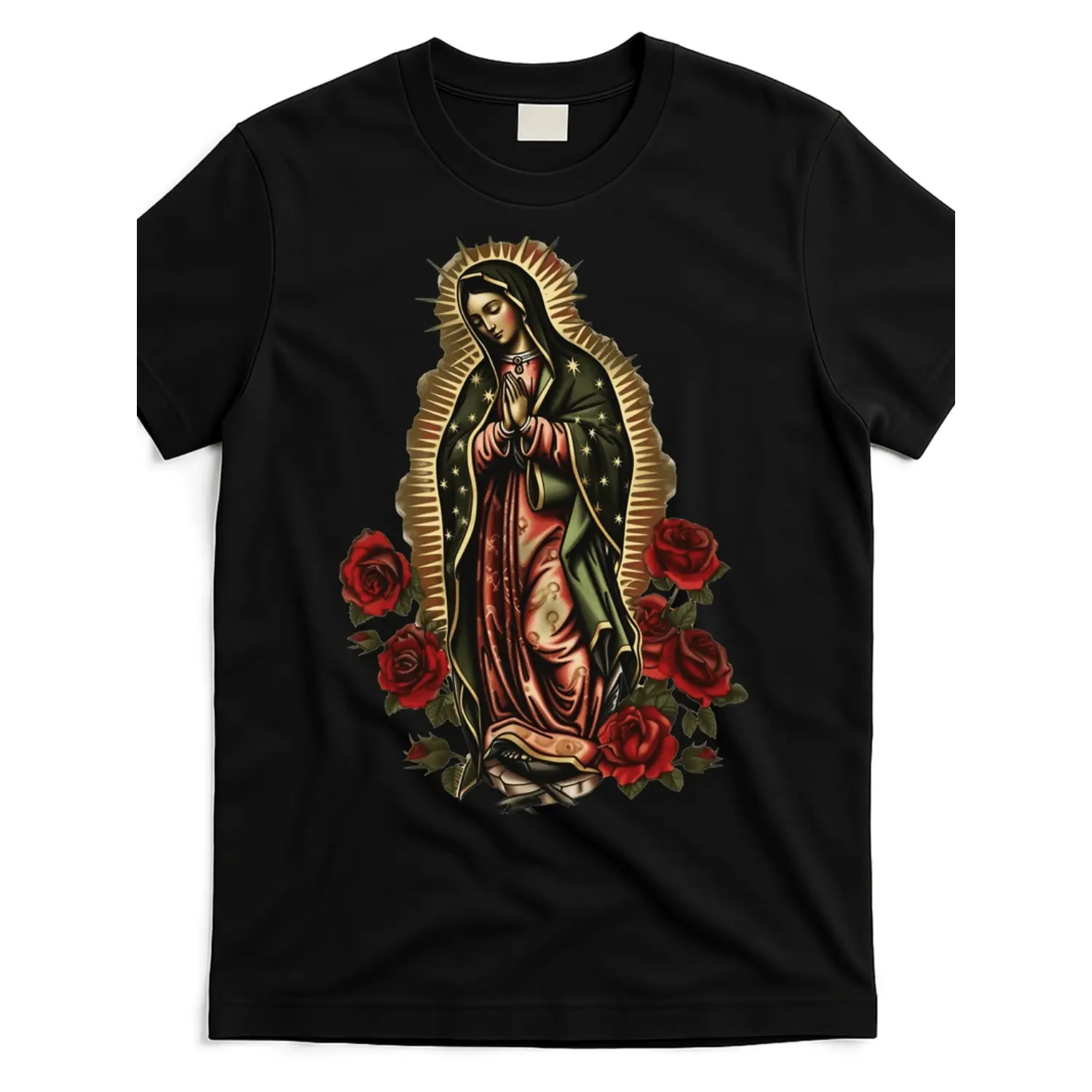 algodónMen Sports Style T Shirt With Guadalupe Mary Graphic And Red Roses Moisture Wicking Breathable Fabric For Athleisure Casual Wear Durable Fitness Apparel,summervibes Stylish Shorts
