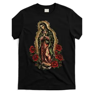 Men Sports Style T Shirt With Guadalupe Mary Graphic And Red Roses Moisture Wicking Breathable Fabric For Athleisure Casual Wear Durable Fitness Apparel